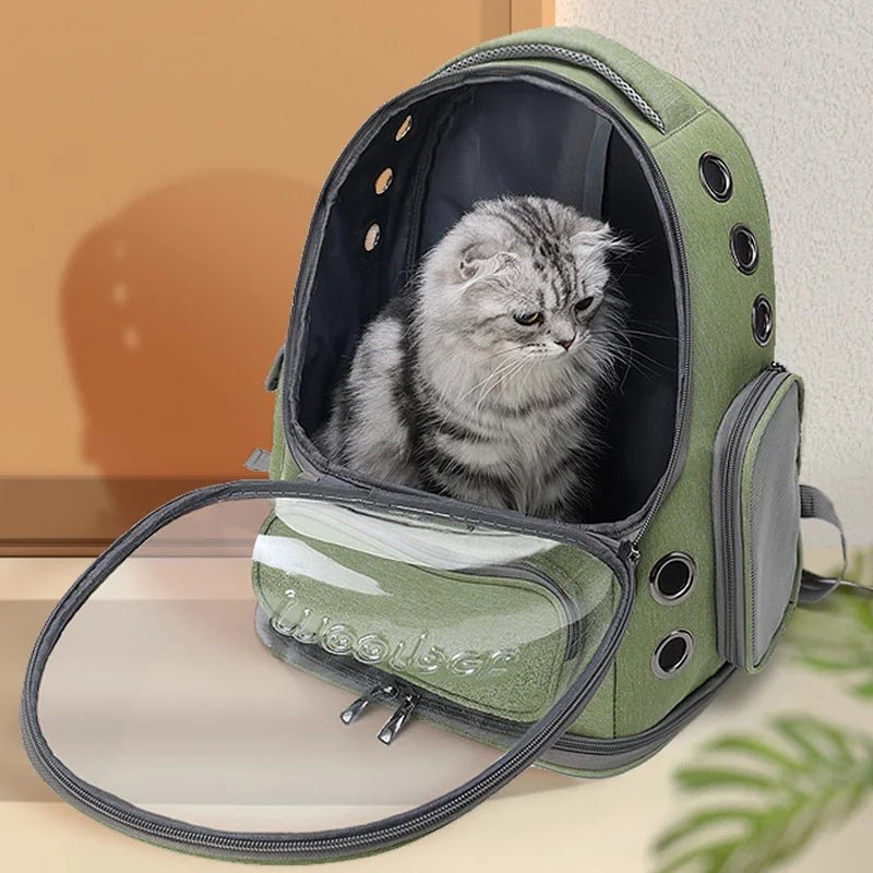 Modern pet backpack carrier for small animals, transparent front for pet viewing, breathable & safe.