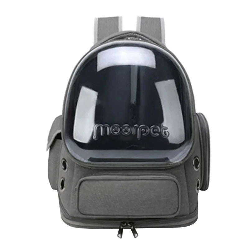 Durable pet backpack carrier in gray, transparent front for panoramic views, breathable design.