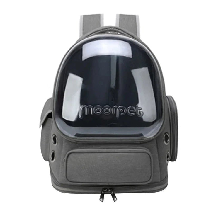 Durable pet backpack carrier in gray, transparent front for panoramic views, breathable design.
