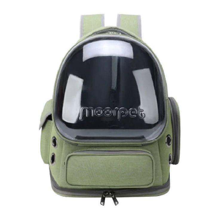Stylish pet carrier backpack for aventures, transparent and breathable, ensuring pet comfort.