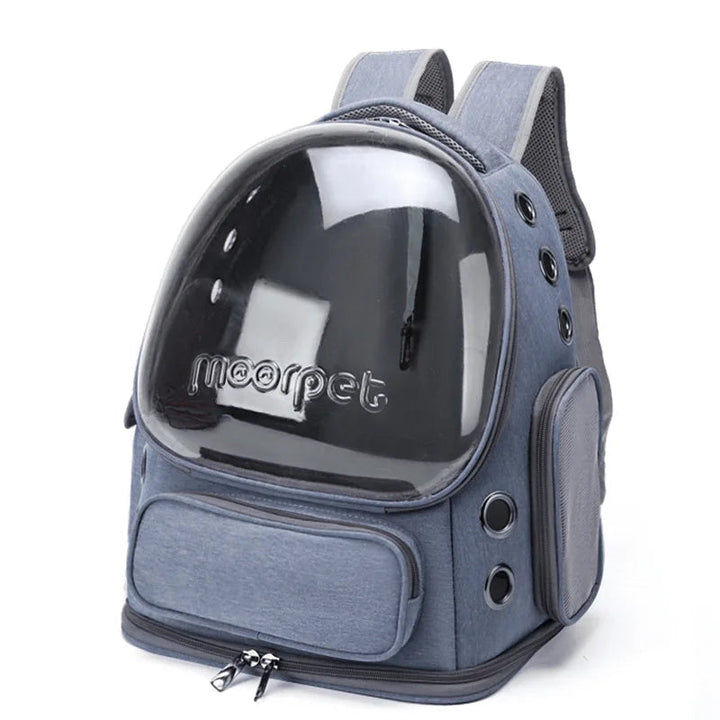 Transparent pet travel backpack for cats and small dogs, breathable design, oxford fabric, front view.