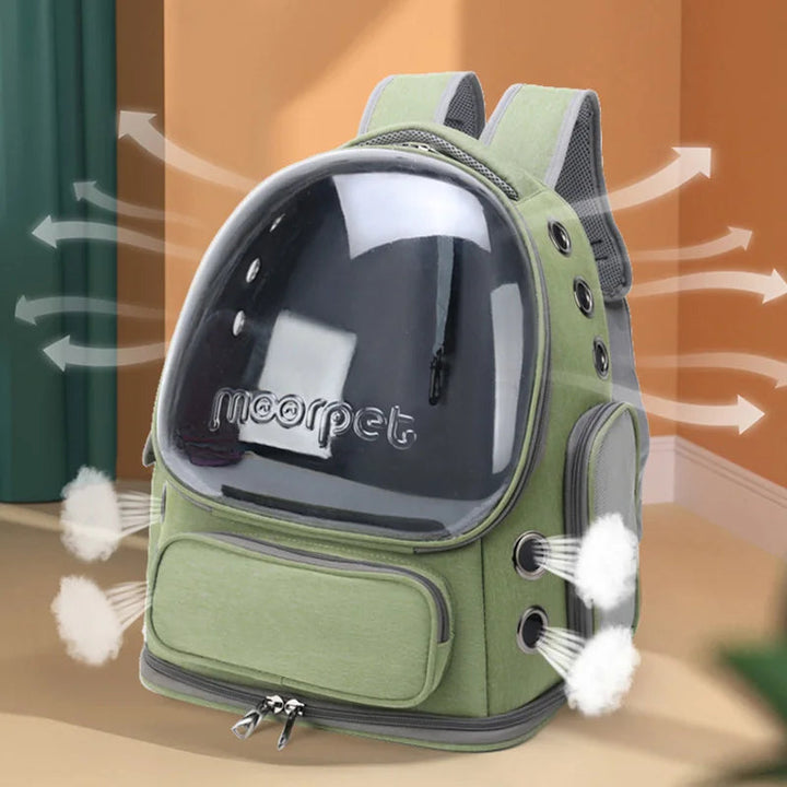 Pet travel backpack carrier with transparent window, suitable for cats and puppies, ergonomic design.