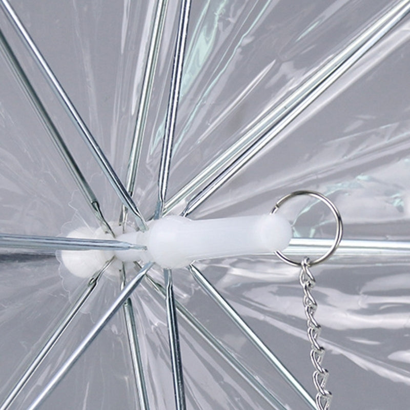 Small dog happily walking under a transparent pet umbrella, showcasing its rain protection and integrated leash.