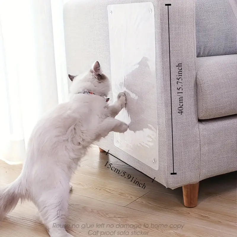 Close-up of clear cat scratch guard on fabric, protecting upholstery