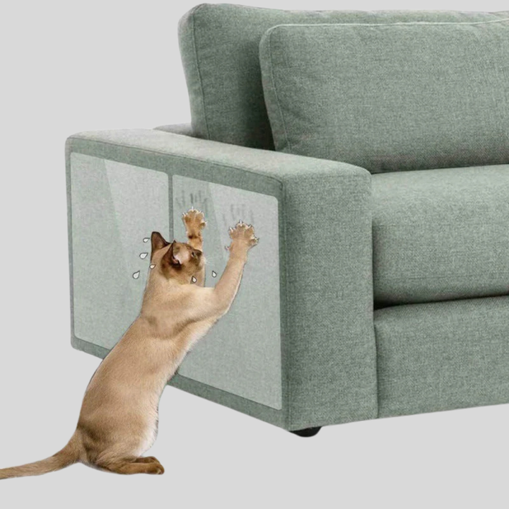 Pack of transparent self-adhesive furniture scratch protectors for cat owners, with a size reference ruler.
