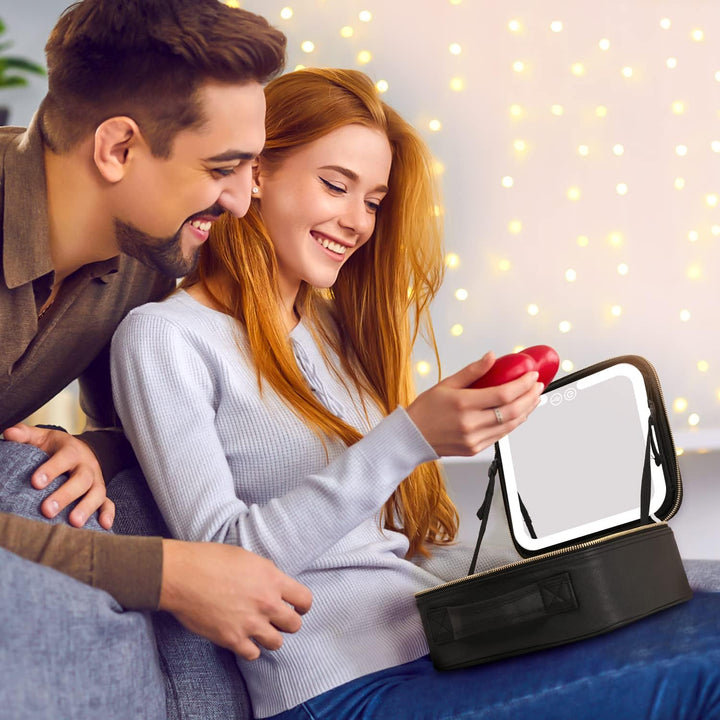 Women's travel makeup bag with LED mirror, offering adjustable lighting for perfect makeup anywhere.