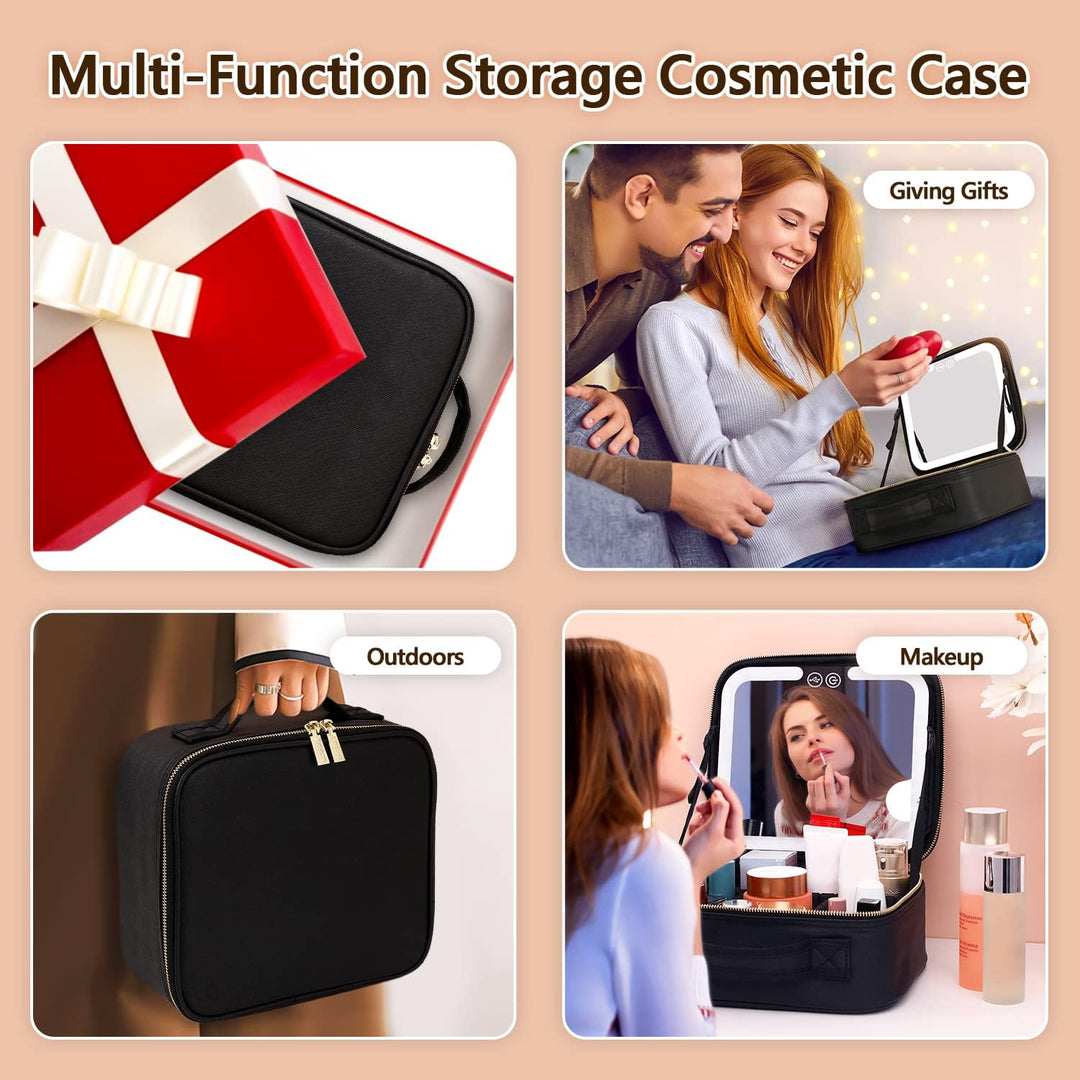 Pink portable makeup organizer with LED mirror; ideal beauty storage for women's travel and daily cosmetic needs.
