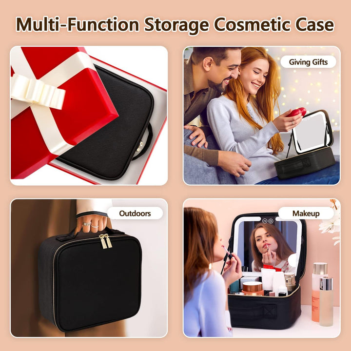 Pink portable makeup organizer with LED mirror; ideal beauty storage for women's travel and daily cosmetic needs.