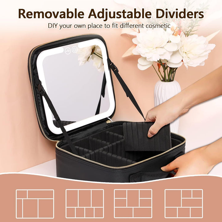 Compact travel makeup organizer with LED mirror; a rechargeable beauty case designed for women's beauty accessories.