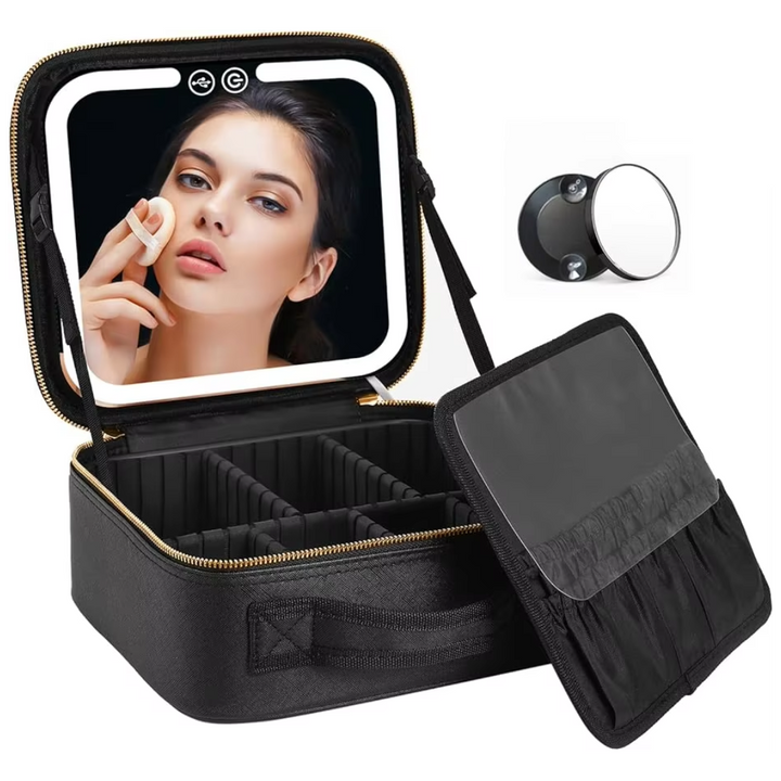 Women's portable travel makeup organizer with LED mirror; ideal for on-the-go beauty storage and application.