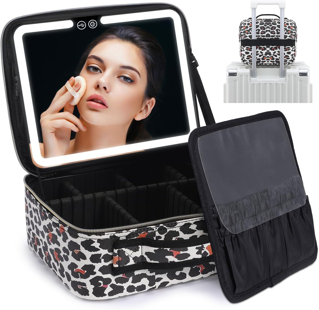 Stylish portable makeup organizer with integrated LED mirror; a compact beauty storage solution for travel essentials.