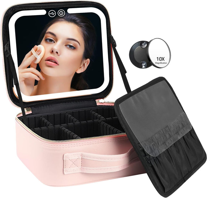 Rechargeable LED mirror travel cosmetic case for women; perfect for makeup application & beauty storage on trips.