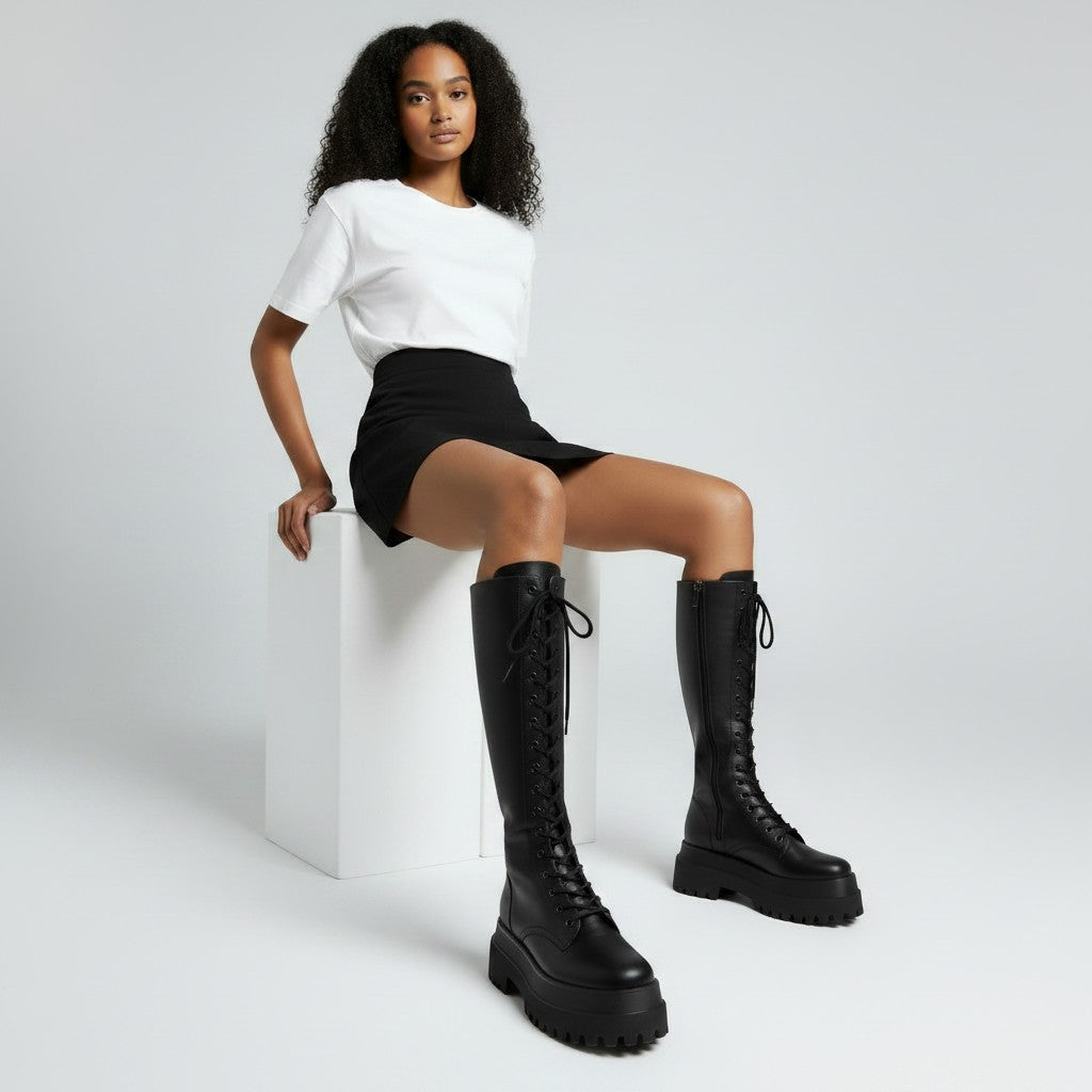Trendy women's black high lace-up combat boots with lug sole for urban style. Perfect winter fashion footwear.