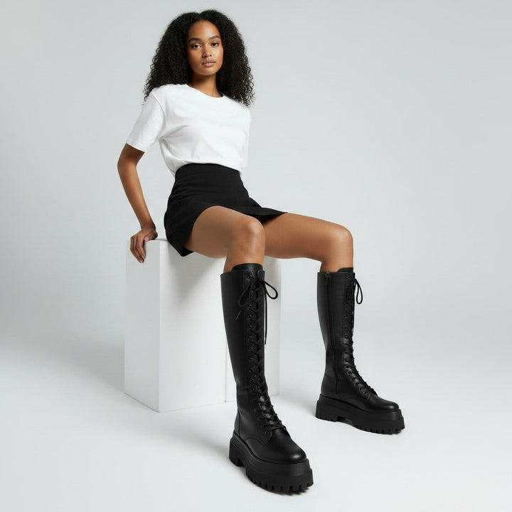 Trendy women's black high lace-up combat boots with lug sole for urban style. Perfect winter fashion footwear.