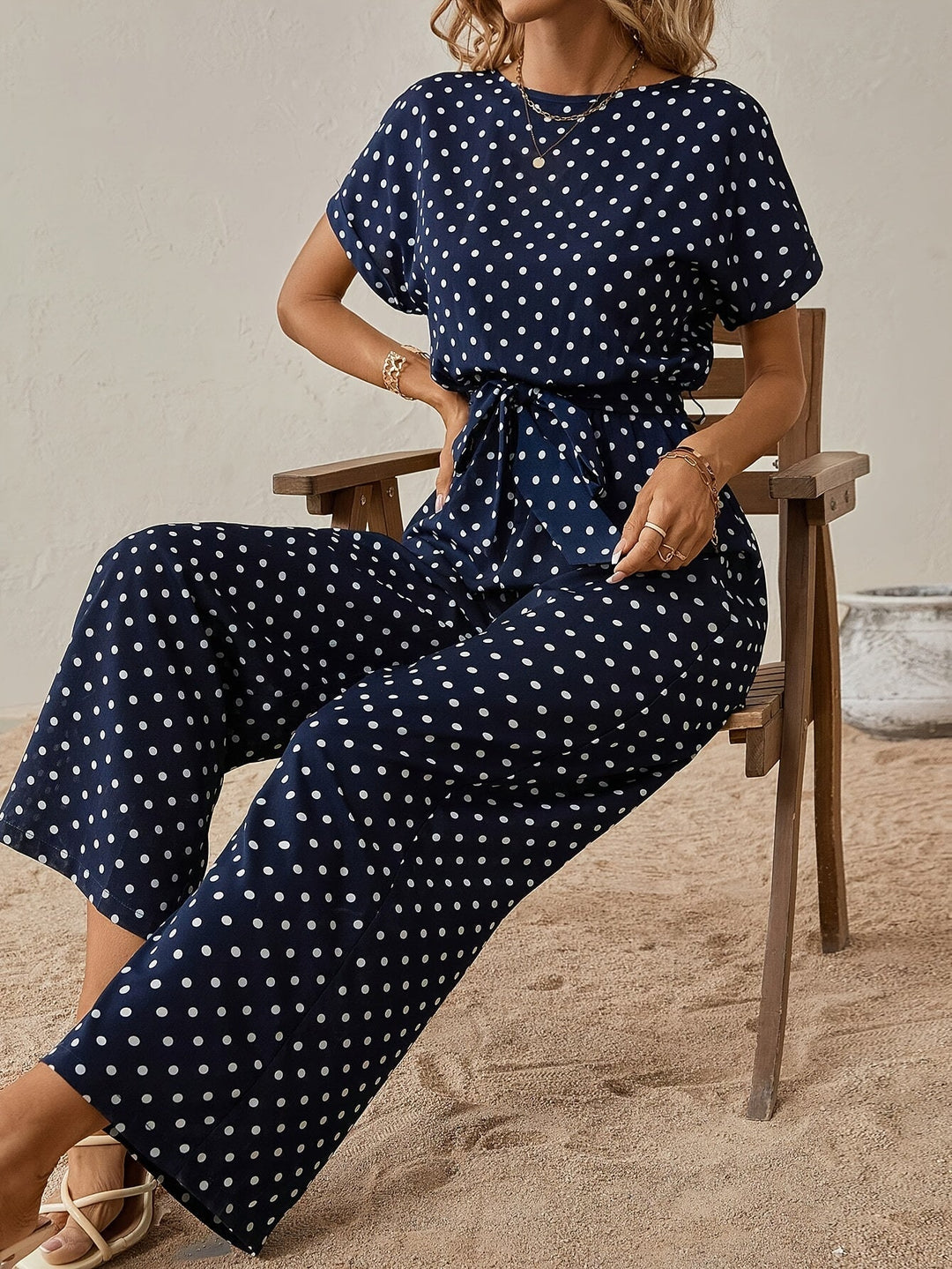 Everyday women's polka dot jumpsuit, a comfortable short-sleeve design with elastic waist for summer fashion.