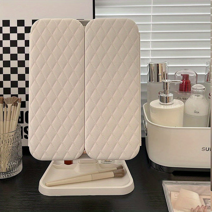 Portable trifold LED makeup mirror with bright lights, ideal for travel and on-the-go grooming & cosmetic use.