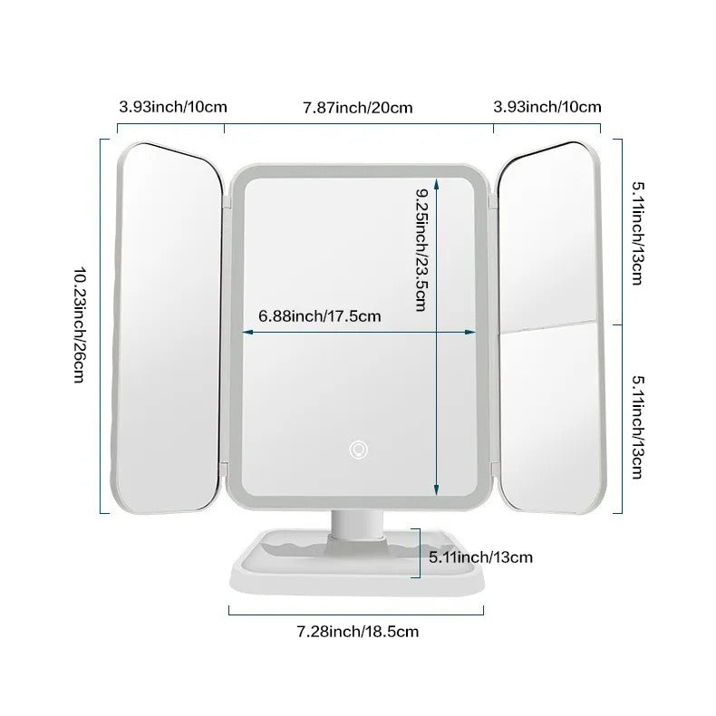 Women's trifold LED vanity mirror provides clear, bright illumination for flawless beauty routines & makeup.