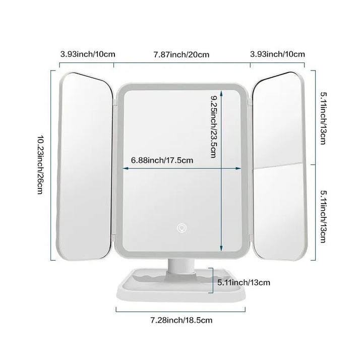 Women's trifold LED vanity mirror provides clear, bright illumination for flawless beauty routines & makeup.