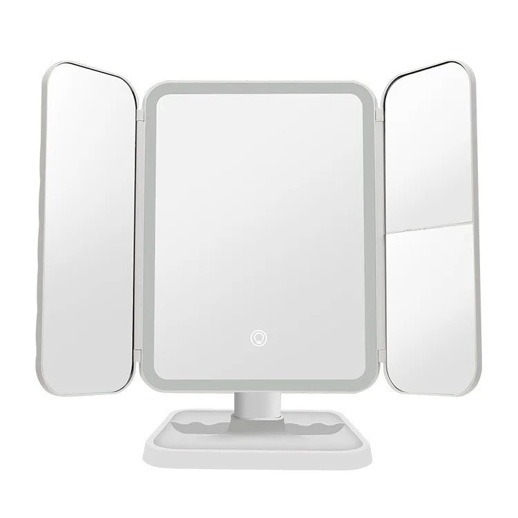 Sleek white trifold LED cosmetic mirror with magnification, perfect for detailed grooming and beauty tasks.