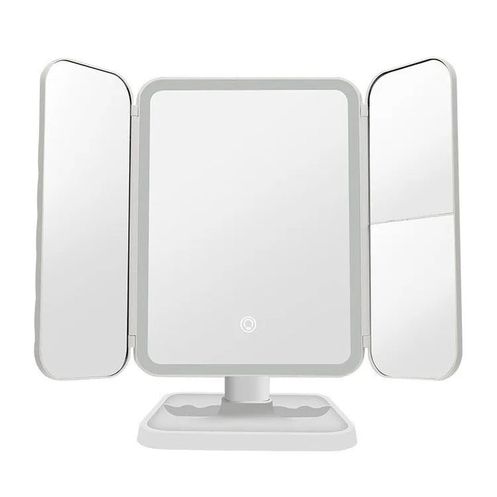 Sleek white trifold LED cosmetic mirror with magnification, perfect for detailed grooming and beauty tasks.