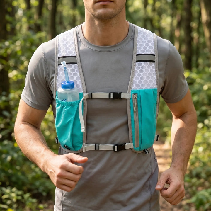 Turquoise unisex lightweight hydration running vest for trail running & outdoor activities.