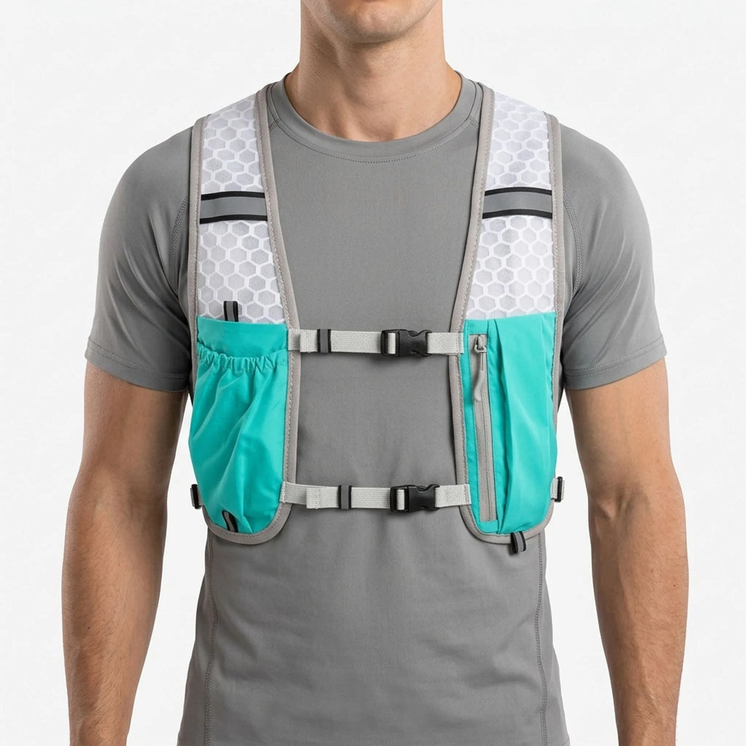 Lightweight turquoise hydration running vest with multiple pockets for water bottles & gear on trails.