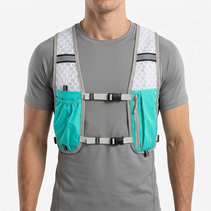 Lightweight turquoise hydration running vest with multiple pockets for water bottles & gear on trails.