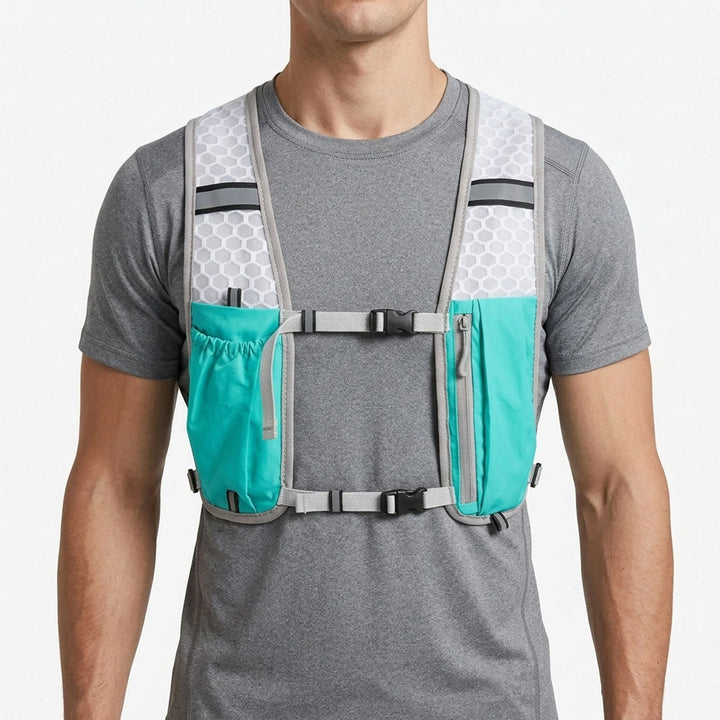 Ergonomic turquoise running hydration vest, ideal for marathon, trail running, & endurance sports.