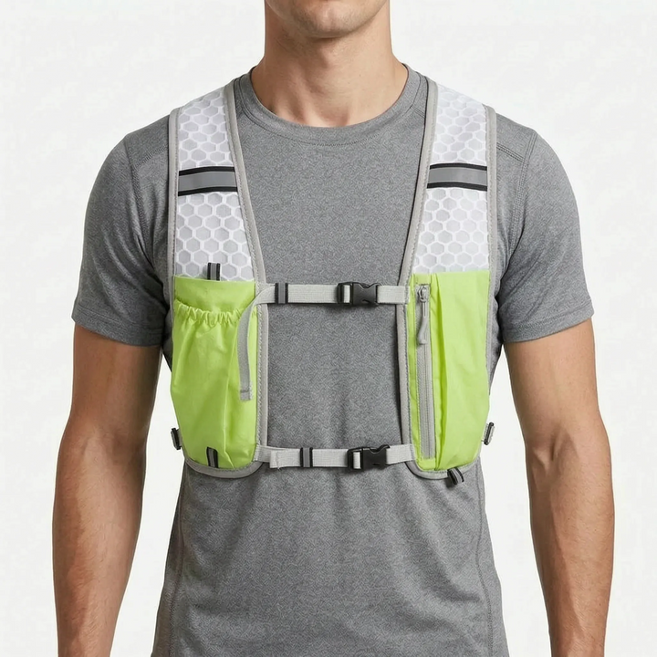 Unisex turquoise mesh hydration vest with reflective elements & secure compartments for running essentials.