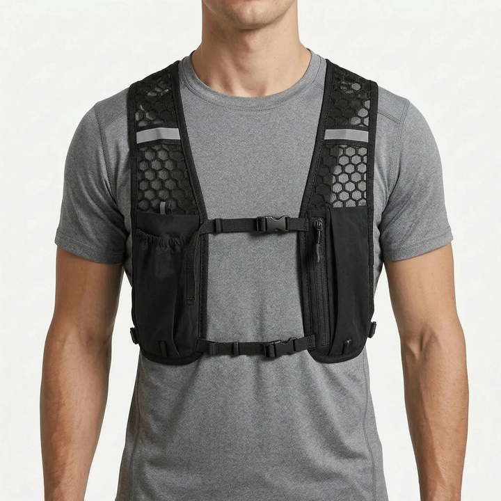 Athlete wearing a turquoise lightweight hydration running vest during an intense outdoor trail run.