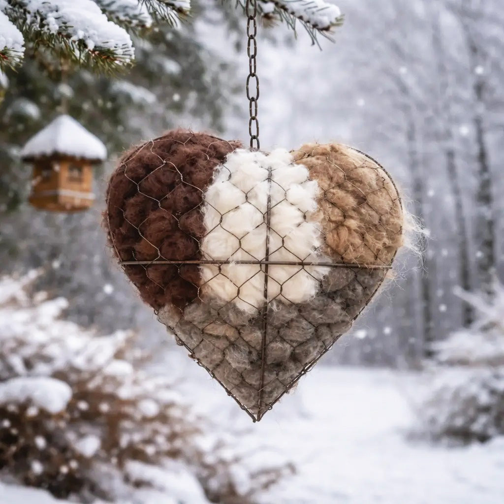 Two alpaca fiber heart-shaped bird nesting feeders for garden birds
