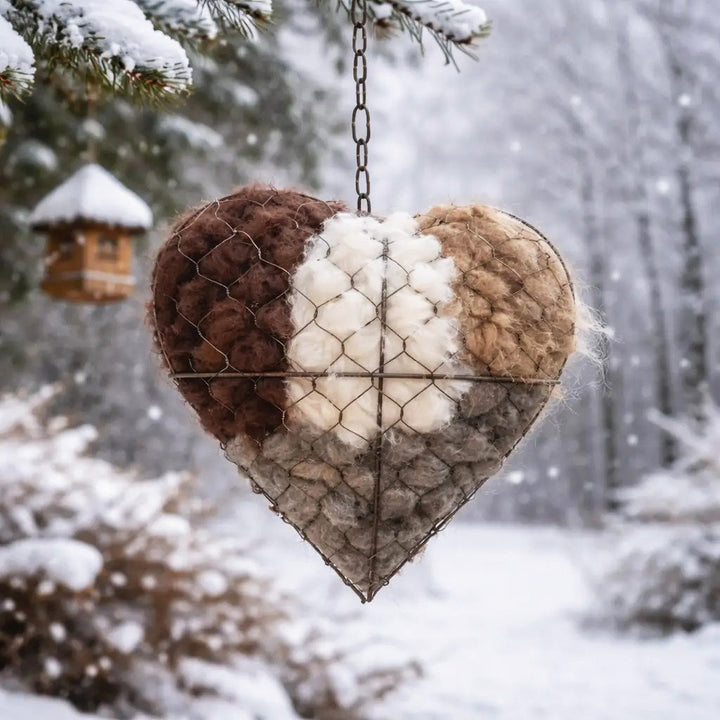 Two alpaca fiber heart-shaped bird nesting feeders for garden birds