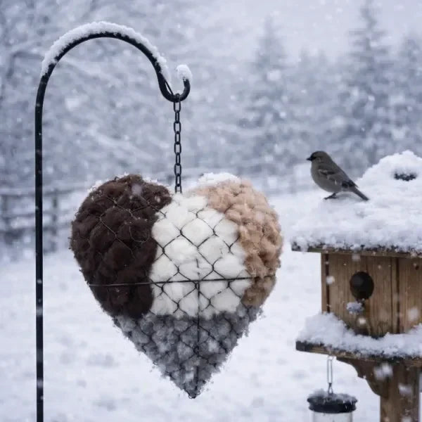 Close-up of a heart-shaped alpaca fiber bird nesting material, ready for use