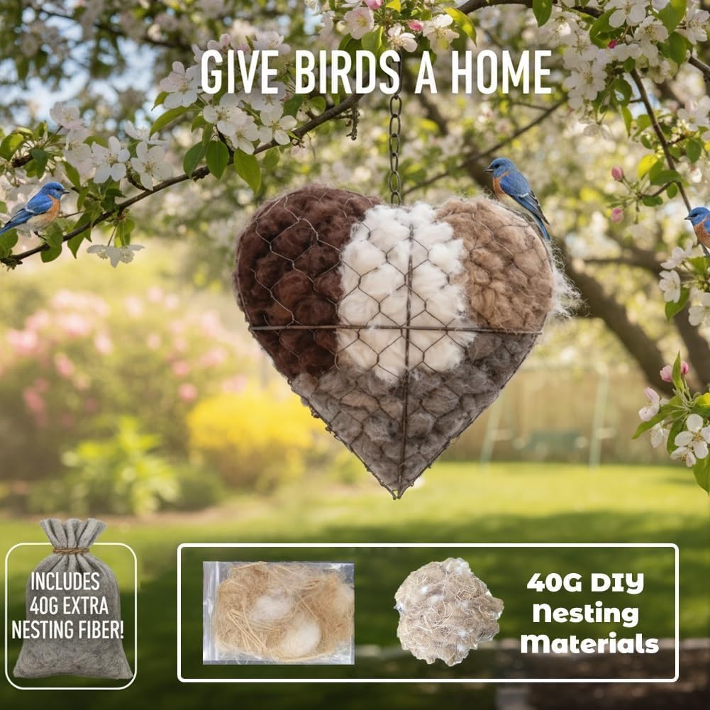 Pair of decorative heart-shaped alpaca fiber nesting material for outdoor birds