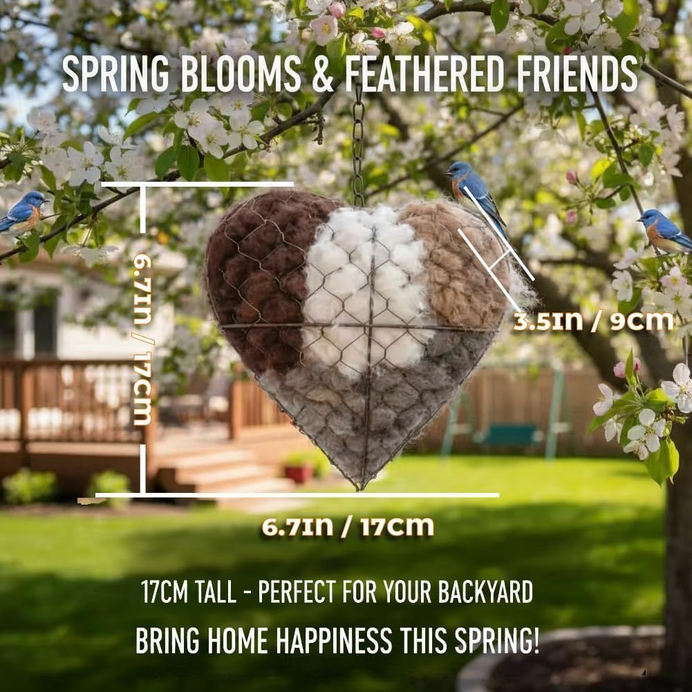 Two heart-shaped bird nesting feeders made from sustainable alpaca fiber