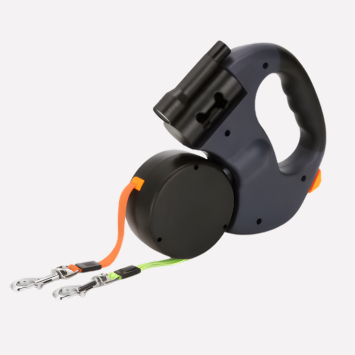 Two-dog training leash with dual clip for pet walking, black nylon with strong metal hardware