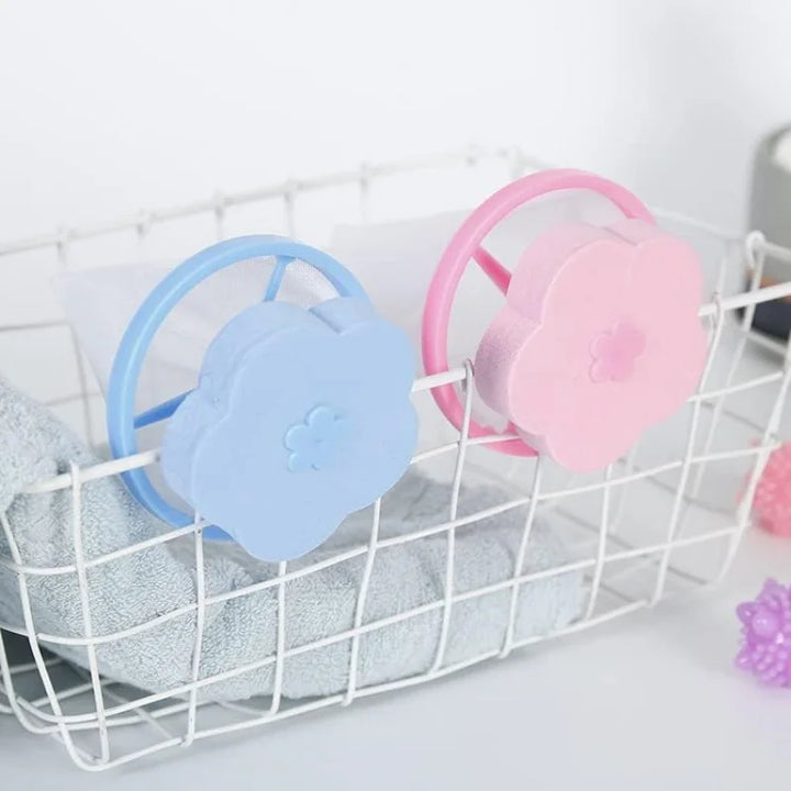 Blue floating washing machine lint catcher with mesh bag, essential for pet hair removal