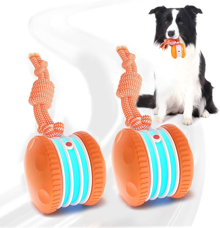 Two interactive rolling automatic dog balls, chew-resistant pet enrichment toy for training