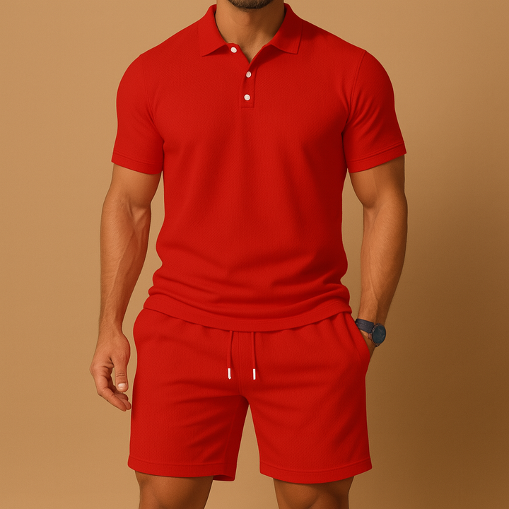 Men's stylish polo shorts set for summer vacations. Lightweight, breathable beachwear and casual resort outfit.