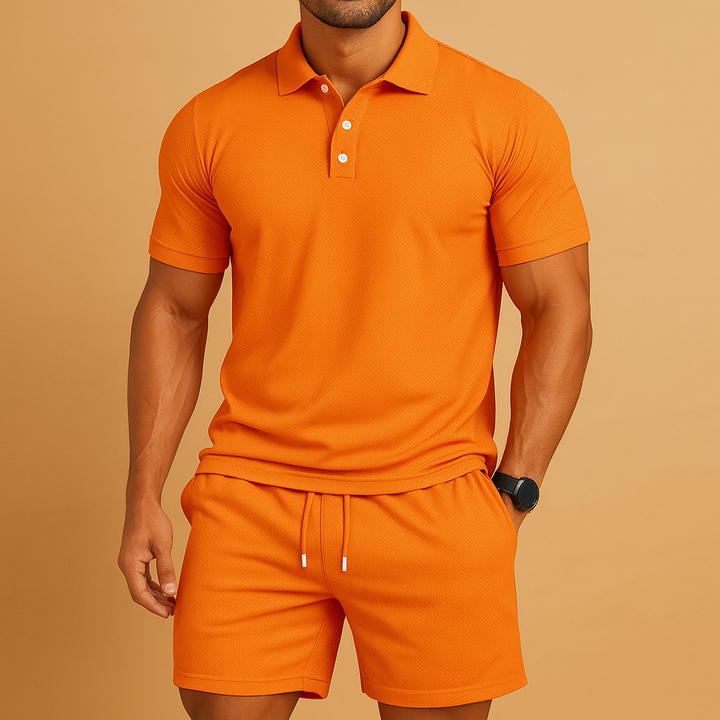 Men's breathable two-piece polo summer set with shorts. Stylish, comfortable, and perfect for casual wear.