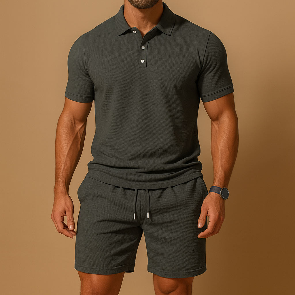 Versatile men's two-piece polo summer outfit. Stylish and breathable shorts set ideal for casual or vacation wear.