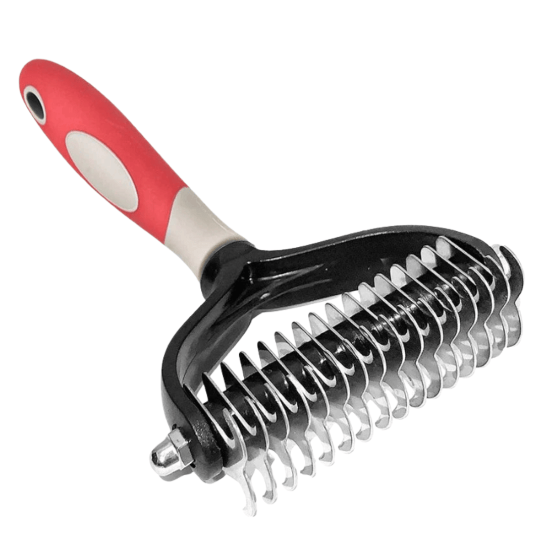 Pet dematting comb, double-sided, shown with ergonomic handle. Ideal dog brush and cat brush for grooming.