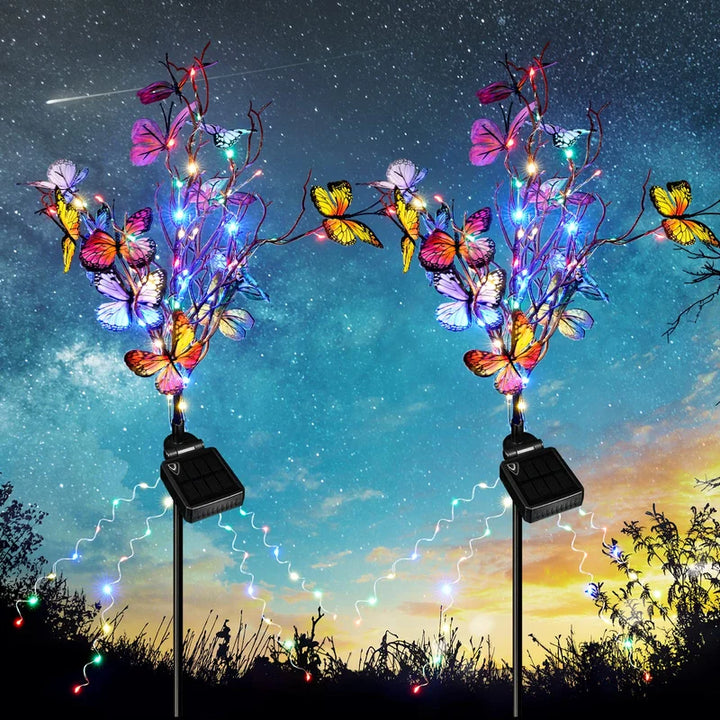 A set of two solar butterfly lights, perfect for adding whimsical charm and illumination to any garden.