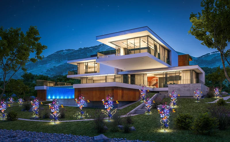Waterproof solar butterfly lights, designed for outdoor use, adding a decorative touch to garden landscapes.
