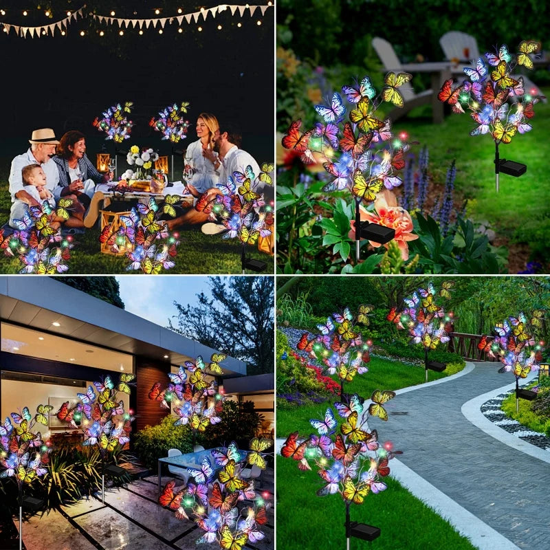 Detailed view of a solar butterfly light's panel and stake, demonstrating its durable waterproof design.
