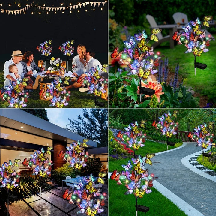 Detailed view of a solar butterfly light's panel and stake, demonstrating its durable waterproof design.