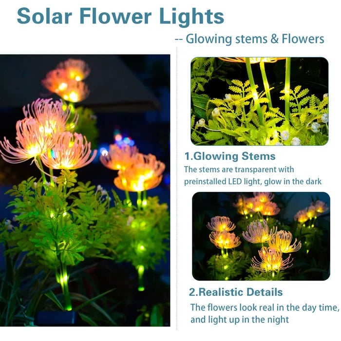 A pair of waterproof solar flower lights adding vibrant color to a patio, pathway lighting