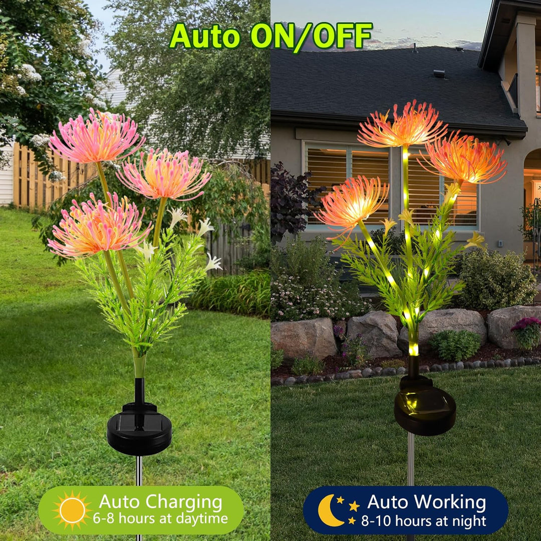 Decorative solar flower stakes glowing in a lush garden, providing novelty and landscape lighting