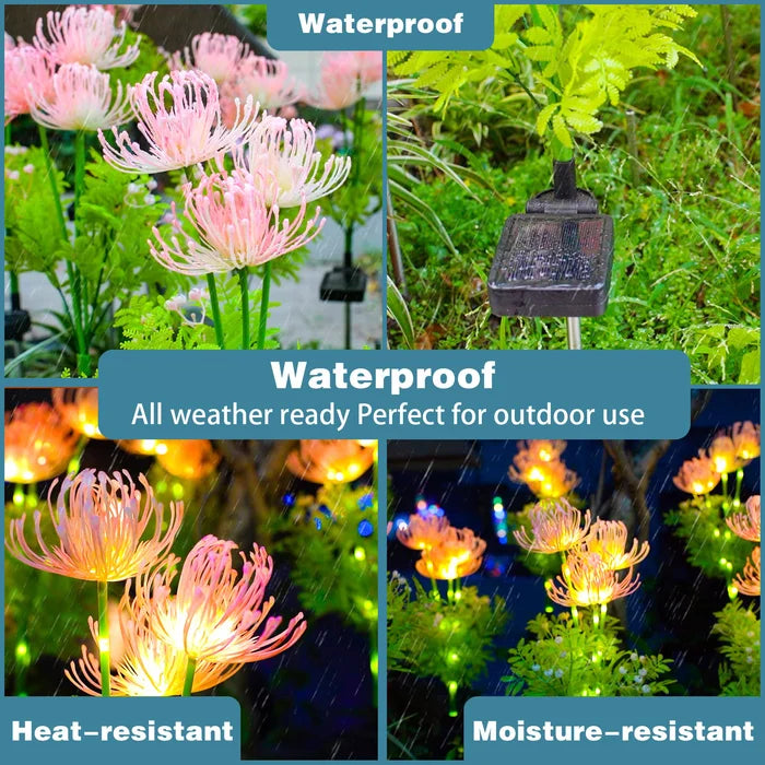 Set of two solar flower stake lights, casting a soft glow on a flower bed, energy efficient