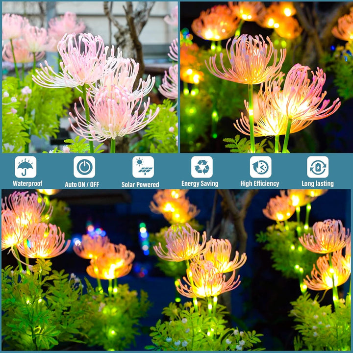 Outdoor garden decorated with solar glowing flower lights, enhancing evening ambiance